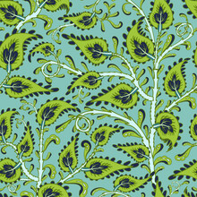 Seamless Green Pattern With Stylized Hand Drawn Doodle Flowers And Leaves. Vector Decorative Cute Floral Background.