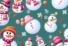 Christmas Pattern With Snowmen On Green Background