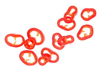 Wall Mural - Top view of red chili pepper slices isolated on a white background. Ingredient concept of raw food.