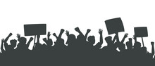 Silhouette Of Crowd Of People With Raised Hands And Banners. Fans On Sports Game, Concert. Peaceful Protest For Human Rights. Demonstration, Rally, Strike, Revolution. Isolated Vector Illustration