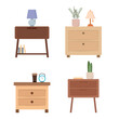 Set of wooden nightstand in cartoon style. Vector illustration of nightstand with flowerpots, lamps, books, clocks for home interiors on white background.