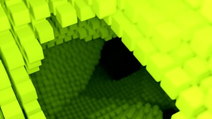 Poster - 3D space with cubic shapes and steps. Design. 3D shapes and abstract hills in cyberspace. Projection of squares with spatial depth on black background