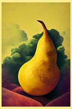Vertical Illustration Of A Yellow Pear With A Green And Blue Background