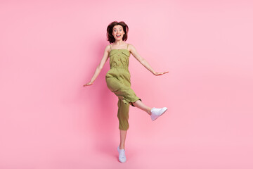 Poster - Full length photo of cheerful cute lady dressed stylish outfit rejoice weekend holiday party empty space isolated on pink color background