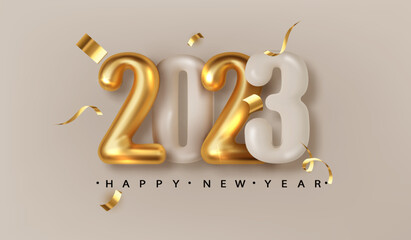 Wall Mural - 2023 3d Realistic Gold metal number. Happy New Year andMerry Christmas 2023. Greeting card. Vector 3d rendering