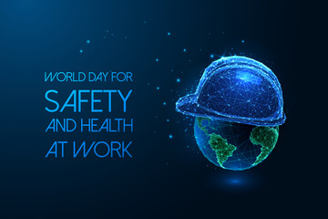 Wall Mural - World Day for Safety and Health at Work concept web banner with construction helmet and Earth Globe