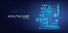 Sci-fi Healthcare Banner - Stage And 3D Human Hologram With HUD Interface. Complete Medical Research With AI. Modern Medical Examination Of The Whole Body. Xray, Dna, Mri And Other. Medical HUD Banner
