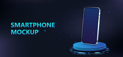 Poster - Modern presentation banner with 3d stage and realistic mobile phone for presentation UI, UX, App. Futuristic smartphone levitates on a hologram for presentation. 3D blue mockup mobile phone. Vector