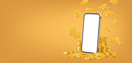 Wall Mural - Realistic mobile phone template with flying coins. Mobile phone and mountains of money 3D realistic mockup. Gold coins and smartphone. Concept of success, earning finance through a cell phone. Vector