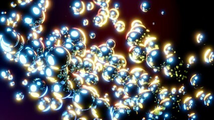 Poster - Moving stream of glowing bubbles on dark background. Design. Bright glowing bubbles move in stream. Diagonal flow of moving 3d bubbles with neon glow