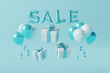 Sticker - Blue gift boxes on a blue background with ribbons and balloons with the word SALE. Concept of making gifts, buying gifts, shopping. 3D render, 3D illustration.