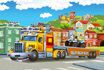 Wall Mural - cartoon tow truck driving with load other car in the city