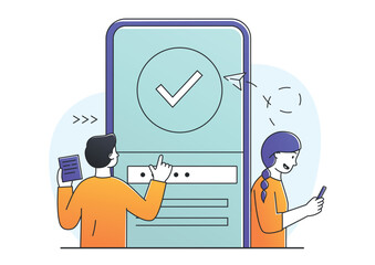 Aufkleber - man enters password. guy with sheet in hands passes authorization on smartphone. character included 