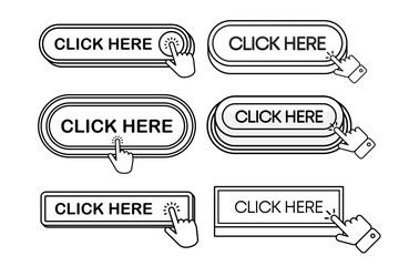 Aufkleber - Click Here Button with hand or mouse cursor. Click buttons collection. Computer mouse cursor. Set for button website design. Vector illustration.