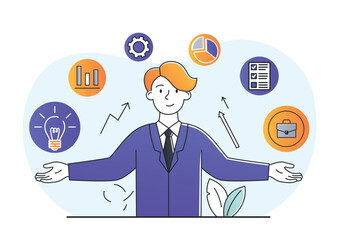 Fototapete - Wearable technology with multimedia. Digital world, gadgets and devices, innovation. Man stands next to icons. Poster or banner for website. Financial analyst. Cartoon flat vector illustration