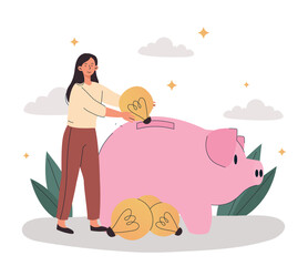 Wall Mural - Lightbulb into piggybank. Woman puts ideas for businesses. Insights and brainstorming. Financial literacy and passive income, creative personality. Poster or banner. Cartoon flat vector illustration