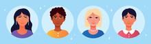 Collection Of Faces. Set Of Avatars For Messengers And Social Networks. Young Girls Of Different Culture, Ethnos And Nationality. Cartoon Flat Vector Illustrations Isolated On Blue Background
