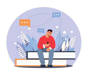 Poster - Man on books. Young guy sitting on stack of textbooks with smartphone in his hands. Student does homework, prepares for test. Education, learning and training. Cartoon flat vector illustration