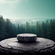 Flat small stone podium on rock platform illustration, gray rock pedestal for product display, green forest and blue horizon on the background, scenery landscape, soft daily light, generative ai