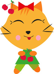 Wall Mural - Kitty with cherries, icon, vector on white background.