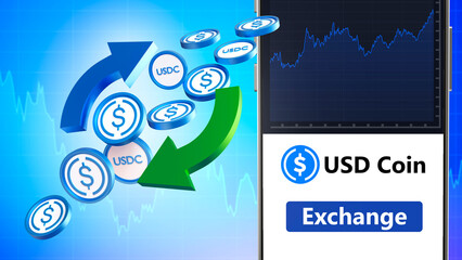 Poster - USD coin exchange. Buying and selling USD coin. Crypto US dollar. App concept for USDC exchange. Trading stablecoin. Electronic USD coin technology. Stablecoin dollar. Stable Cryptocurrency. 3d image