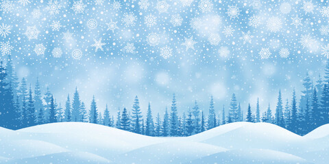 Wall Mural - winter landscape, snow drifts and trees, snowfall and snowflakes, vector illustration