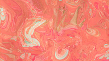 Flowing Modern Acrylic Pour Background In Beautiful Coral And Pink Colors. Liquid Texture With Gold Glitter.