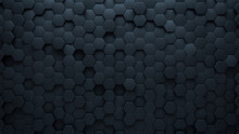Black, Futuristic Mosaic Tiles Arranged In The Shape Of A Wall. Hexagonal, 3D, Bricks Stacked To Create A Semigloss Block Background. 3D Render