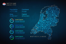 Netherlands Map Infographics Vector Template With Abstract Geometric Mesh Polygonal Light Concept On Blue Background. Template For Diagram, Graph, Presentation And Chart
