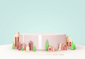 Poster - christmas round podium for promotions. festive new year studio show stage. xmas stand scene. realist