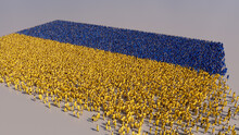 A Crowd Of People Congregating To Form The Flag Of Ukraine. Ukrainian Banner On White.