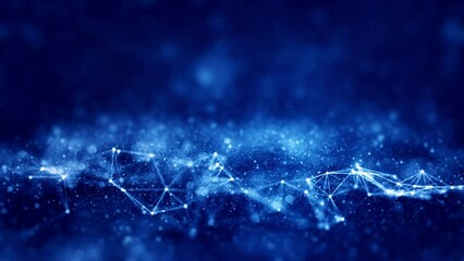 Aufkleber - Polygon abstract blue background is connected with small blurred bokeh particles around it.
