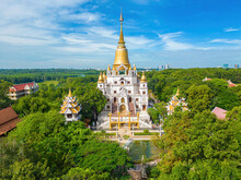 Aerial View Of Buu Long Pagoda In Ho Chi Minh City. A Beautiful Buddhist Temple Hidden Away In Ho Chi Minh City At Vietnam. A Mixed Architecture Of India, Myanmar, Thailand, Laos, And Viet Nam