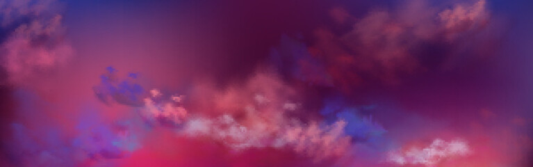 Wall Mural - Ominous dark purple sky with realistic cloud texture, vector illustration. Fantastic foggy twilight or sunrise cloudscape in pink, blue and lilac colors. Beautiful nature. Abstract background design