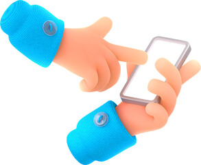 Poster - Person hold mobile phone and point on blank screen. Human hands with smartphone with blank screen. Finger touch empty display of digital gadget isolated on white background, 3d render illustration