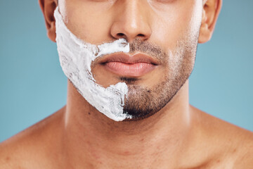 Poster - Face, shaving and beauty cream man closeup of beard facial, wellness and grooming product advertising. Cosmetic, skincare and shave foam hygiene routine of male model with teal studio background.