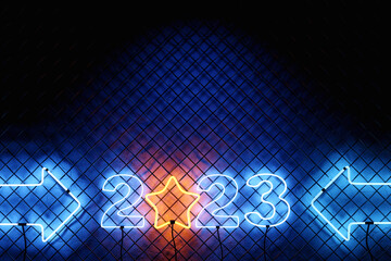 3d illustration  neon happy new year 2023 background template. Holiday volumetric  number 2023. Festive poster or banner design. Modern happy new year background