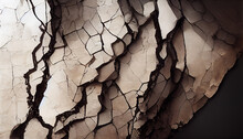 Fractured Stone. Wreck Texture. Damaged Structure. Beige Gray Cracked Aged Ruined Rock Wall Dark Collage Abstract Background.