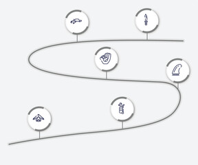 Wall Mural - infographic element with golf outline icons. included dive knife, autocross, baseball ball, fin, hang gliding, golf caddy vector.