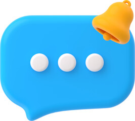 Poster - Blue speech bubble with bell. Notification icon of message in chat or dialog, sms, new comment in social media or online talk. Dialogue cloud with yellow handbell, 3d render illustration