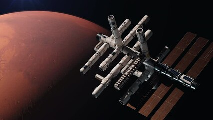 Wall Mural - a space station in space orbiting mars. the concept of space travel and exploration of the planets o