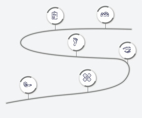 infographic element with insurance outline icons. included misaligned, dental record, human footprints, closed eyes with lashes and brows, travel insurance, null vector.