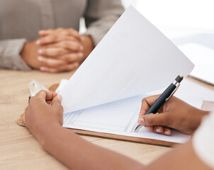 Sticker - Legal paperwork, signature and document in an office for interview, insurance form or contract with agent during a meeting. Woman writing on paper for healthcare policy, tax or loan application