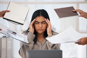 Fototapete - Stress, headache and burnout of business woman, overworked or overwhelmed by deadline or employees on office computer. Mental health, multitasking and frustrated female depressed in toxic workplace