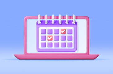 Poster - 3D Paper Spiral Calendar on Laptop Screen Isolated. Render Calendar and Notebook Computer. Schedule, Appointment, Organizer, Timesheet, Deadline and Important Date. Cartoon Vector illustration