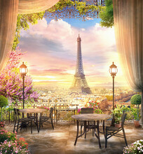 3d Image Eiffel Tower At Sunset In Paris, France. Romantic Travel Background Fresco. Poster Design Collage. 3d Render