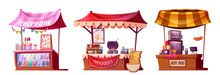 Set Of Street Food Market Stalls Isolated On White Background. Cartoon Vector Illustration Of Shops Selling Ice Cream, Cooking Noodles And Hot Dogs Outdoors. Colorful Festival Stands. Small Business
