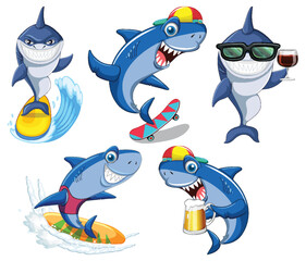 Wall Mural - set of summer shark cartoon character
