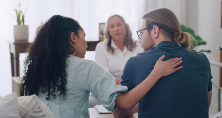 Poster - Marriage, counselling and couple in therapist office giving comfort, care and talking to partner. Man and black woman with social worker or psychologist for problem, support and help in relationship