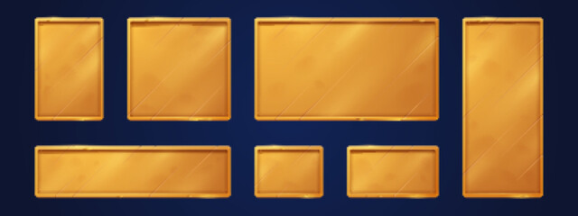 Poster - Gold game signs, name plates, empty golden plaques mockup. Metal shiny tags or badges, square and rectangular nameplates, gamer ui menu or app graphic elements, isolated realistic 3d vector set